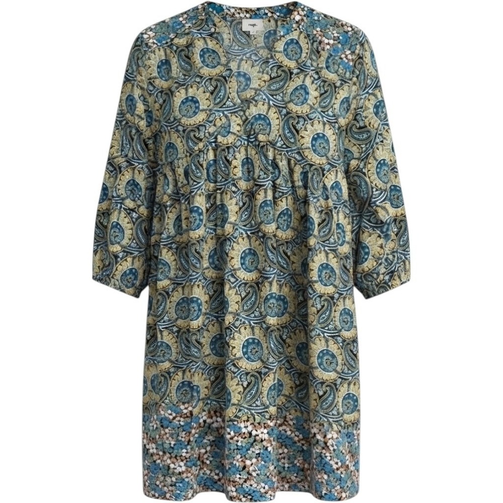 Ange Paris Womens Paisley Floral Babydoll Tunic Dress Blue Teal Gold Size Medium